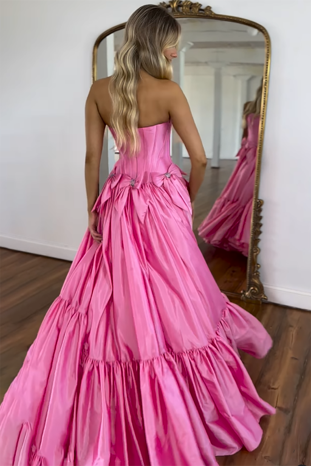 Long Black Satin A-Line Corset Prom Dress with Strapless Design and Bows
