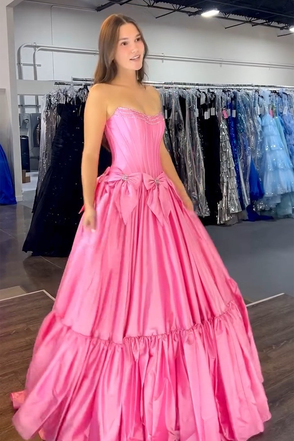 Long Black Satin A-Line Corset Prom Dress with Strapless Design and Bows