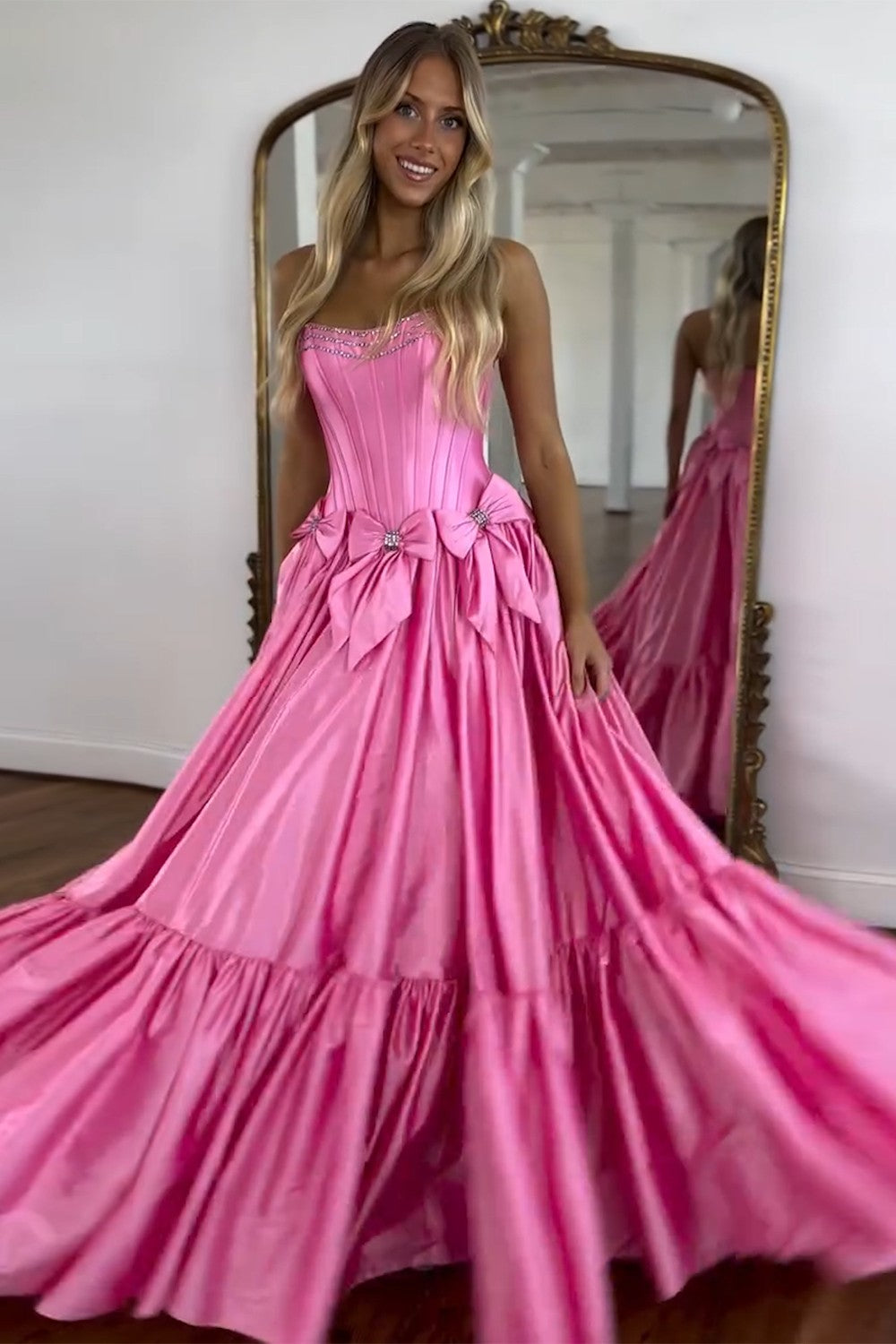 Long Black Satin A-Line Corset Prom Dress with Strapless Design and Bows