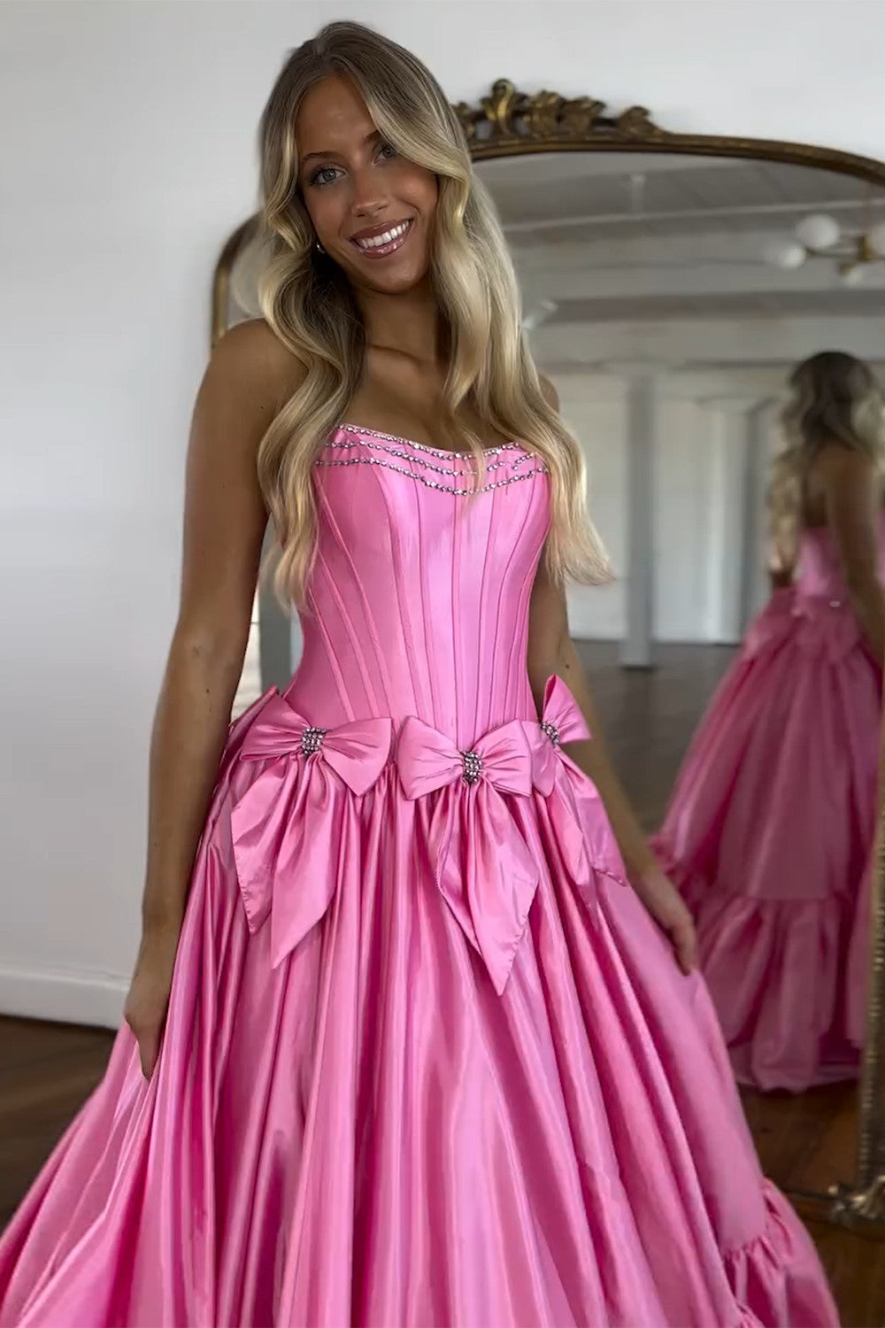 Long Black Satin A-Line Corset Prom Dress with Strapless Design and Bows