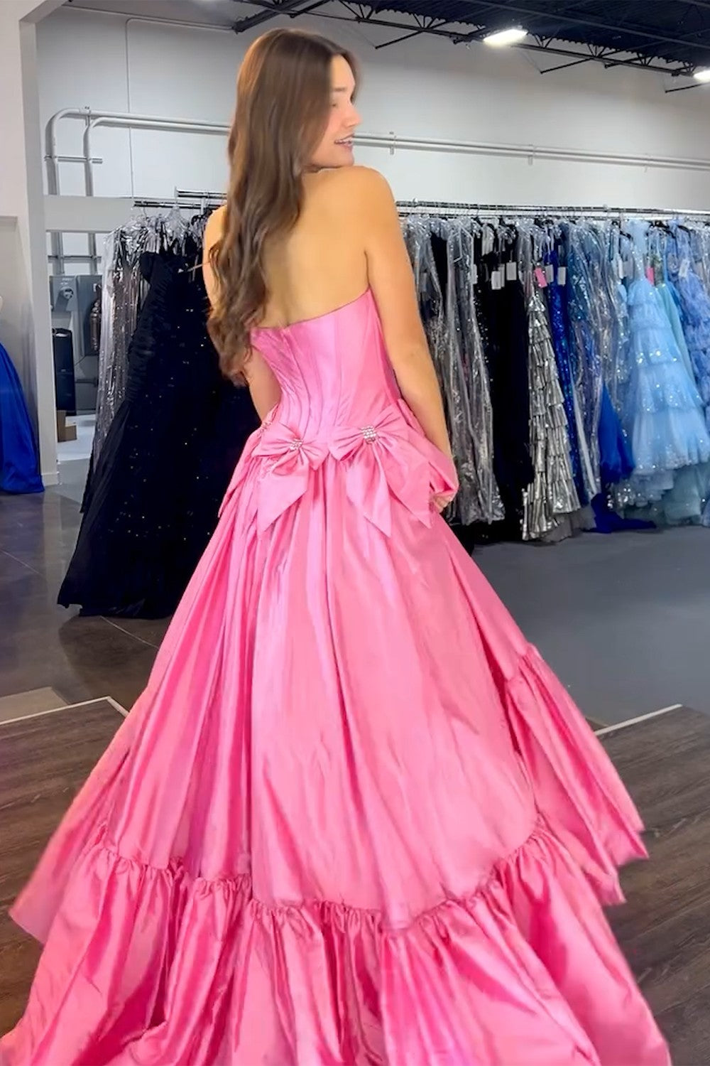 Long Black Satin A-Line Corset Prom Dress with Strapless Design and Bows