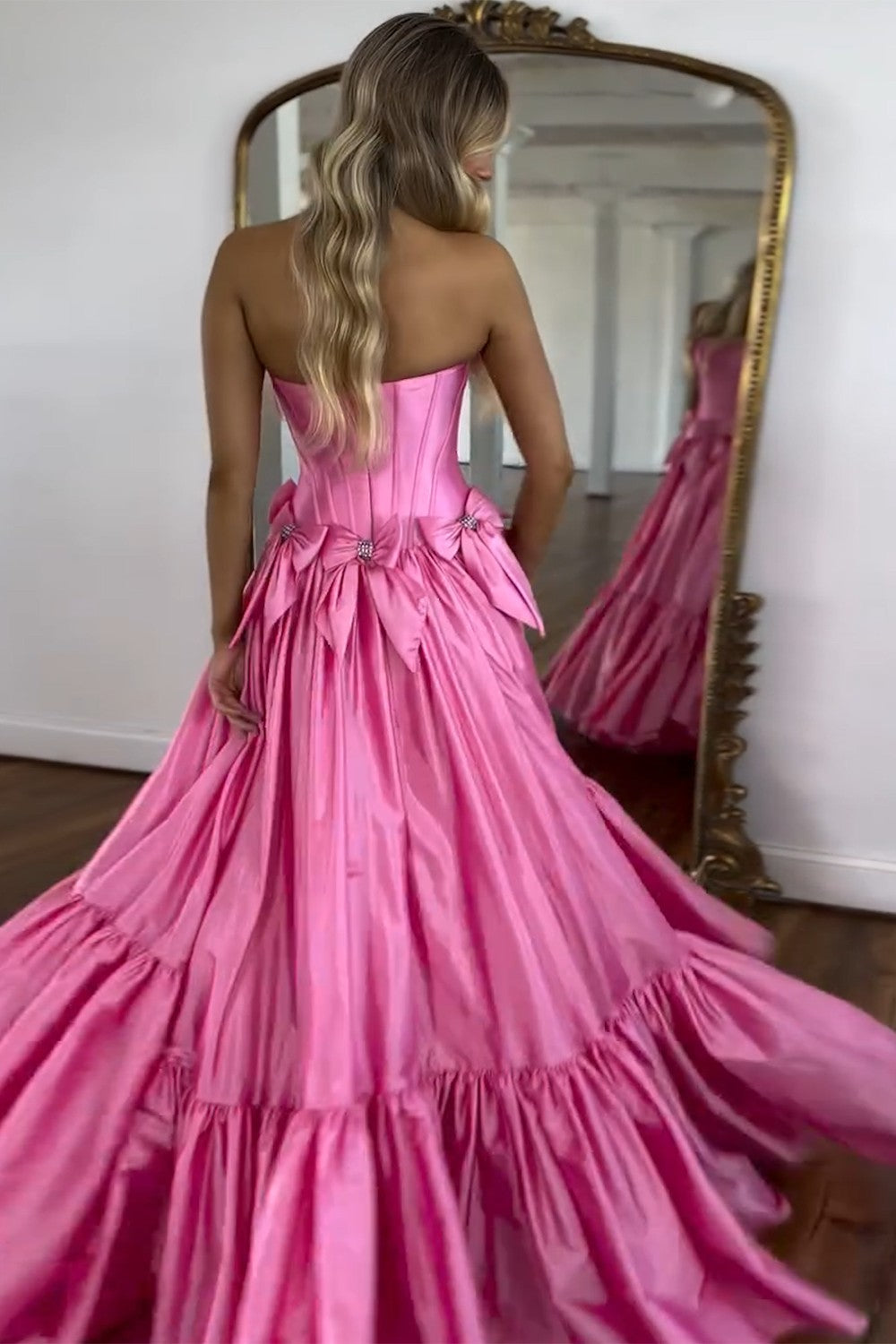 Long Black Satin A-Line Corset Prom Dress with Strapless Design and Bows