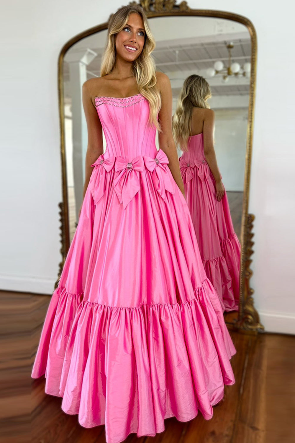 Long Black Satin A-Line Corset Prom Dress with Strapless Design and Bows