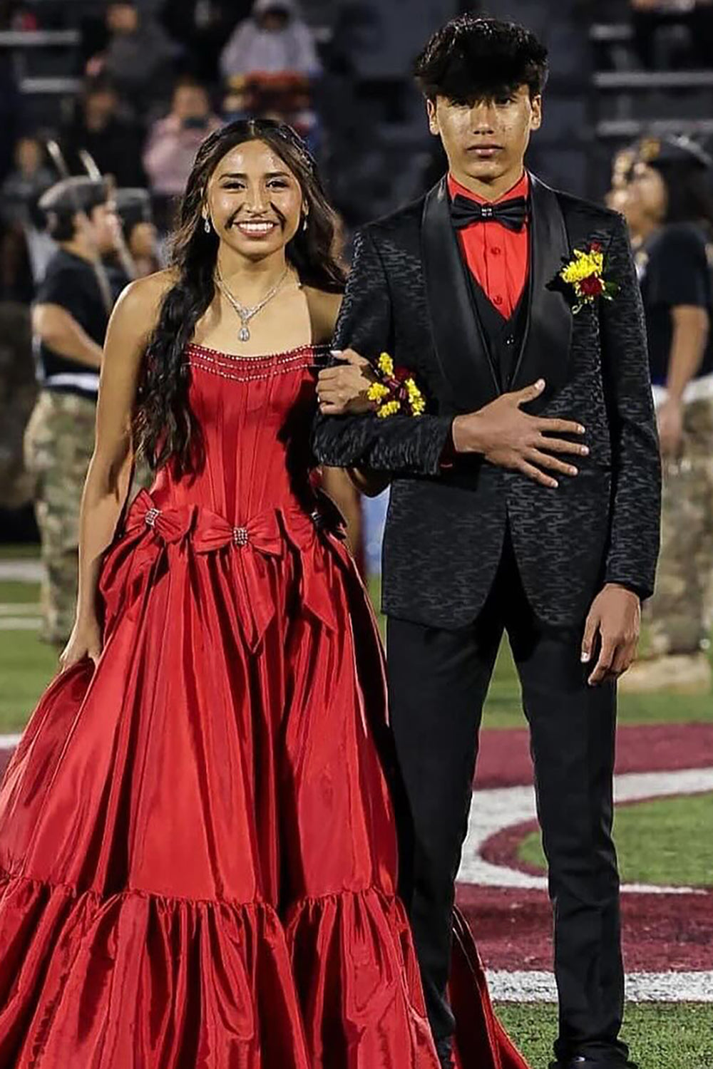 Long Black Satin A-Line Corset Prom Dress with Strapless Design and Bows