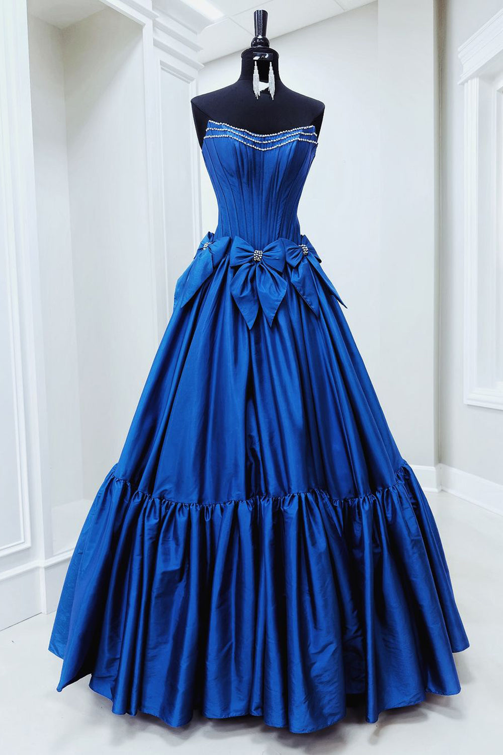 Long Black Satin A-Line Corset Prom Dress with Strapless Design and Bows