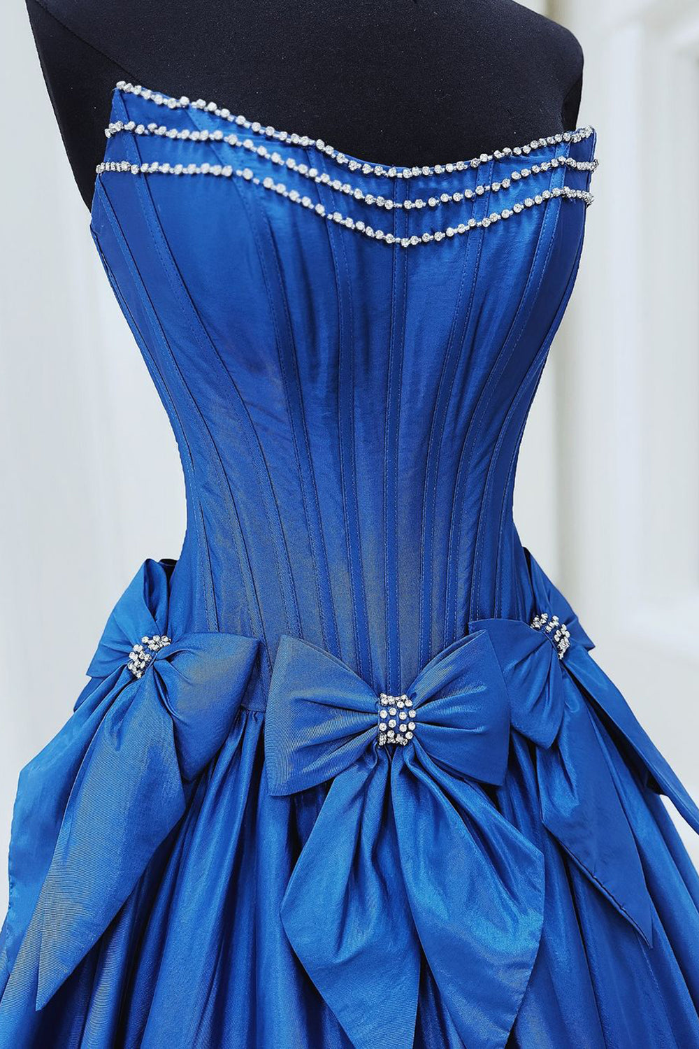 Long Black Satin A-Line Corset Prom Dress with Strapless Design and Bows