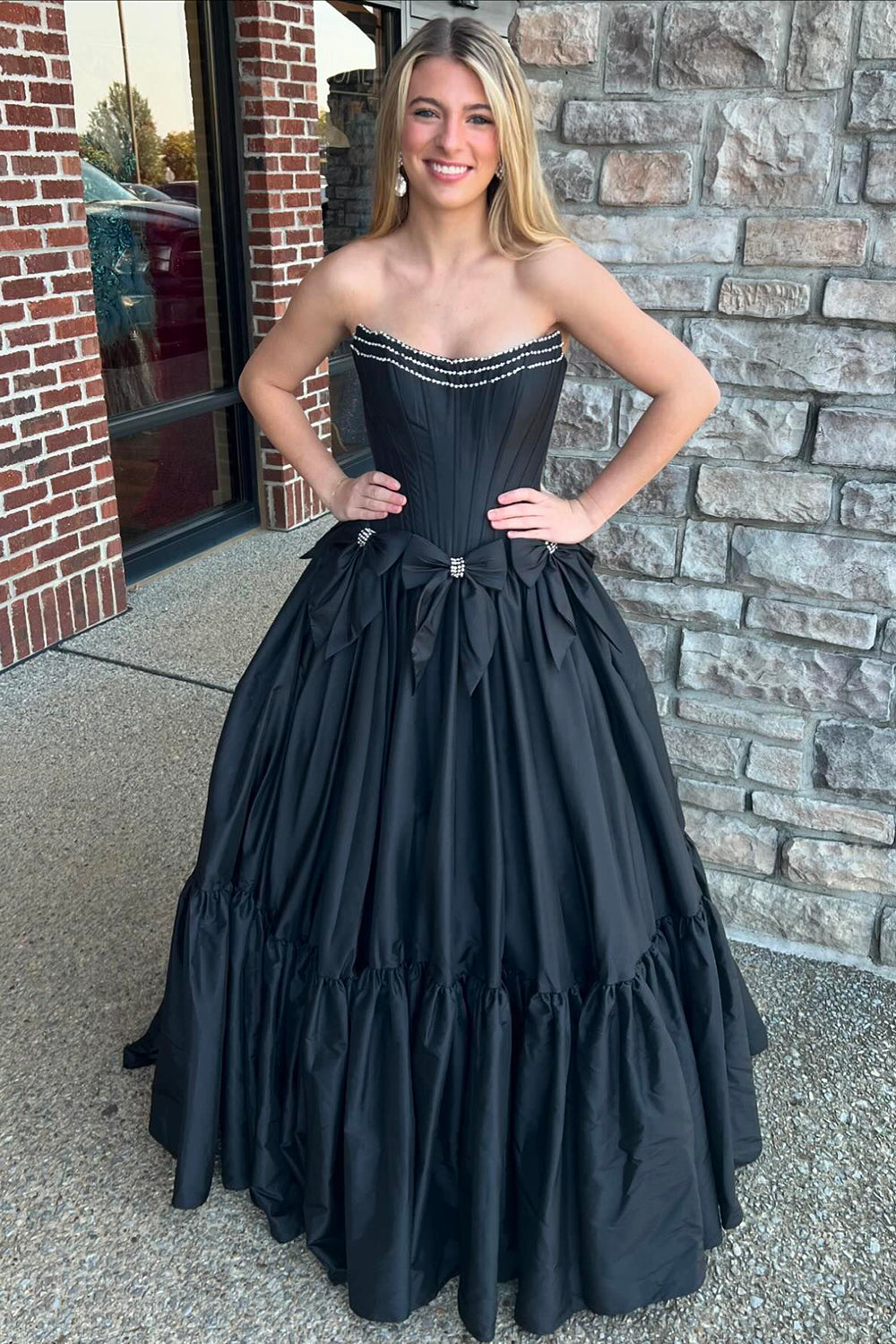 Long Black Satin A-Line Corset Prom Dress with Strapless Design and Bows