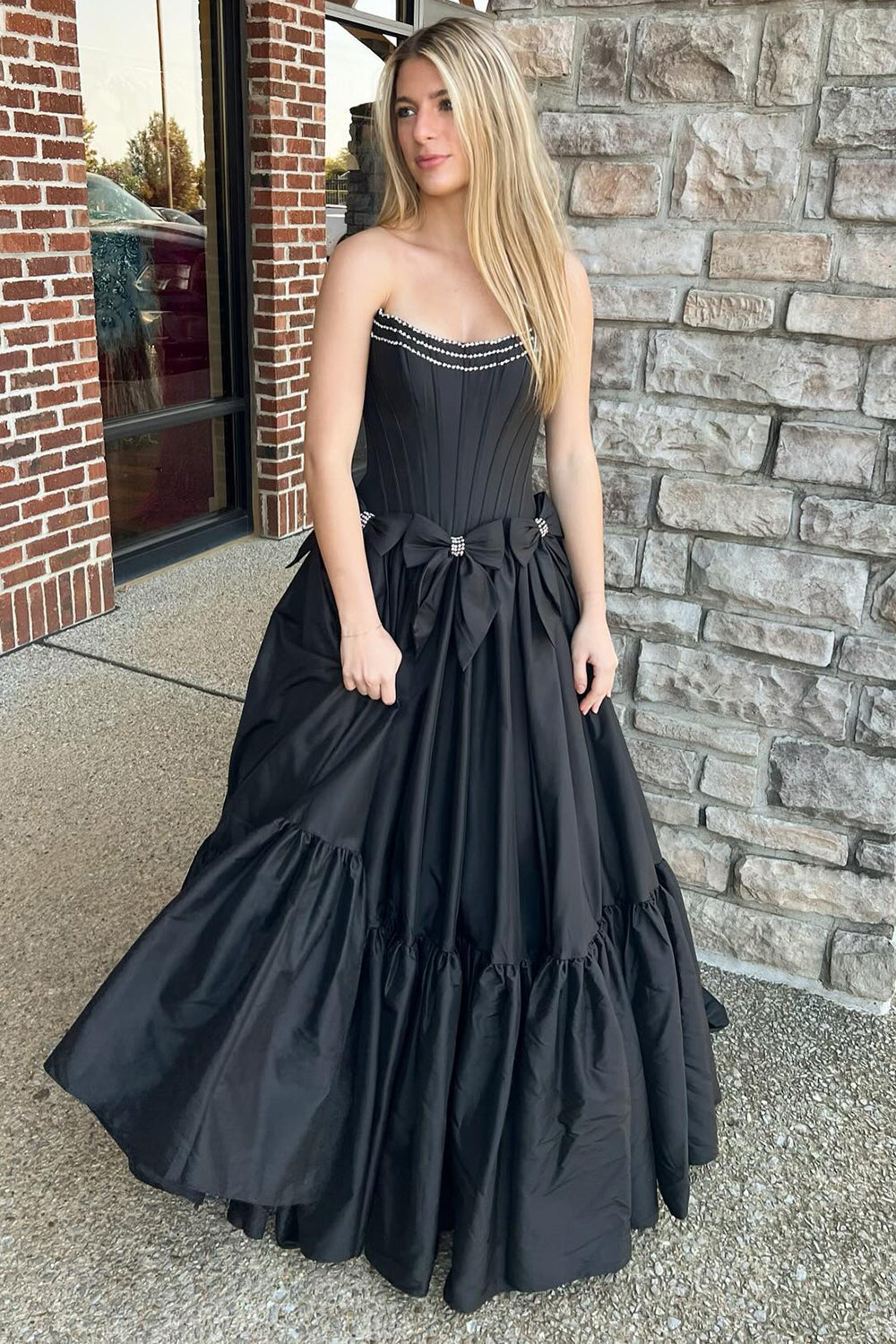 Long Black Satin A-Line Corset Prom Dress with Strapless Design and Bows