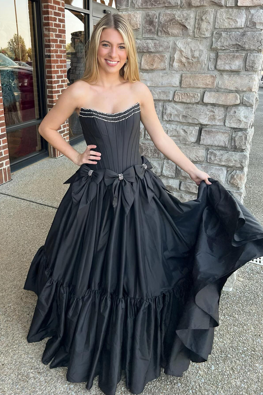 Long Black Satin A-Line Corset Prom Dress with Strapless Design and Bows