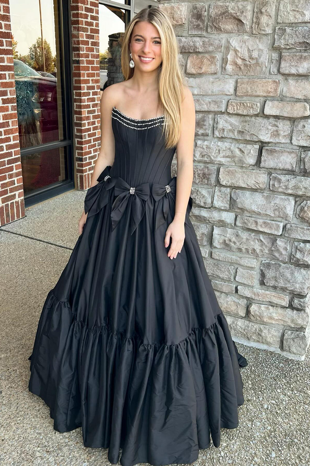 Long Black Satin A-Line Corset Prom Dress with Strapless Design and Bows