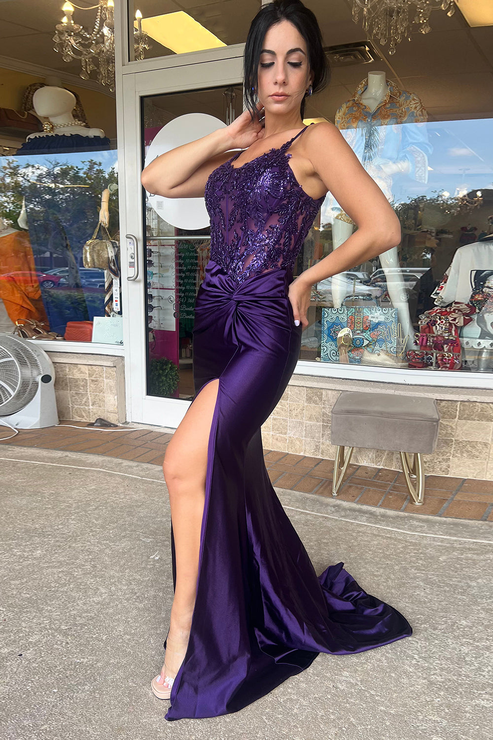 Long Mermaid Prom Dress in Dark Green Satin with Spaghetti Straps and Beading