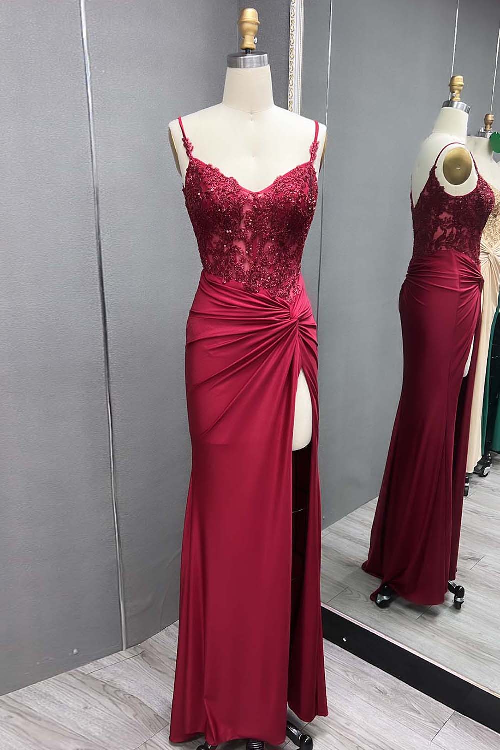 Long Mermaid Satin Corset Prom Dress with Dark Green Spaghetti Straps and Appliques