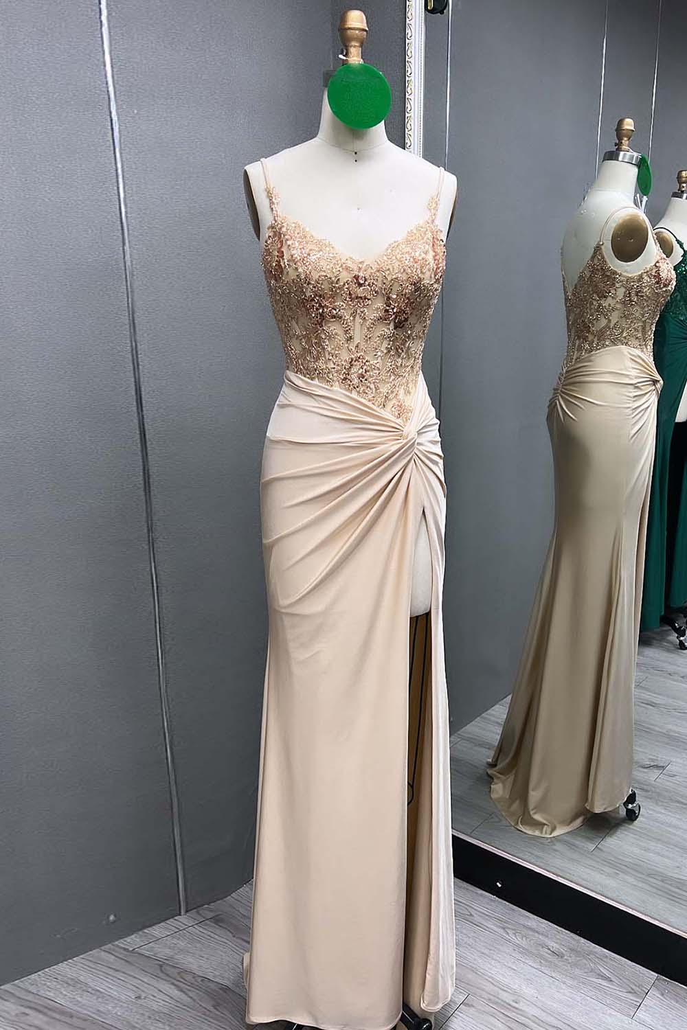 Long Mermaid Satin Corset Prom Dress with Dark Green Spaghetti Straps and Appliques