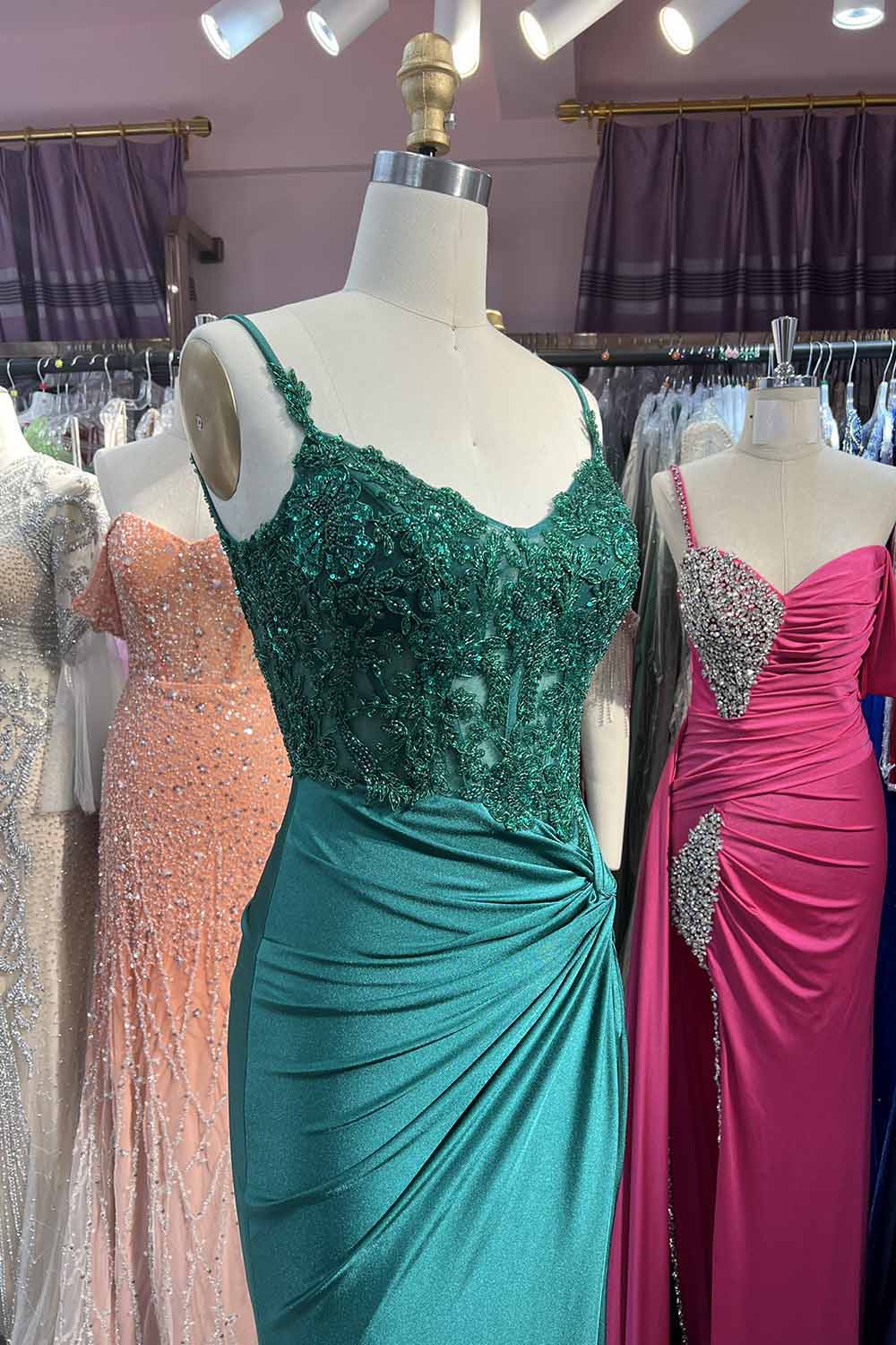 Long Mermaid Satin Corset Prom Dress with Dark Green Spaghetti Straps and Appliques