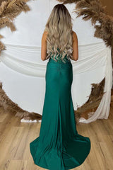 Long Mermaid Satin Corset Prom Dress with Dark Green Spaghetti Straps and Appliques
