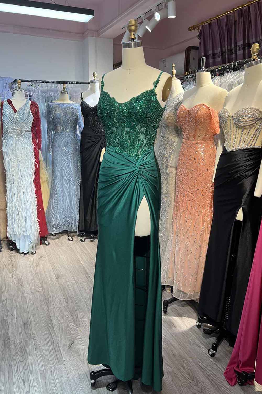 Long Mermaid Satin Corset Prom Dress with Dark Green Spaghetti Straps and Appliques