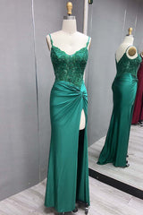 Long Mermaid Satin Corset Prom Dress with Dark Green Spaghetti Straps and Appliques