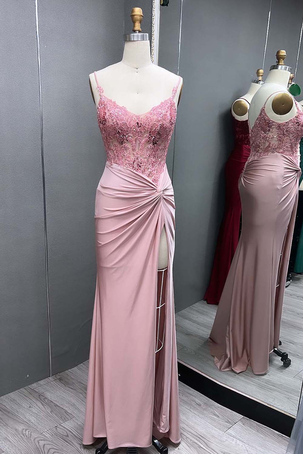 Long Mermaid Satin Corset Prom Dress with Dark Green Spaghetti Straps and Appliques