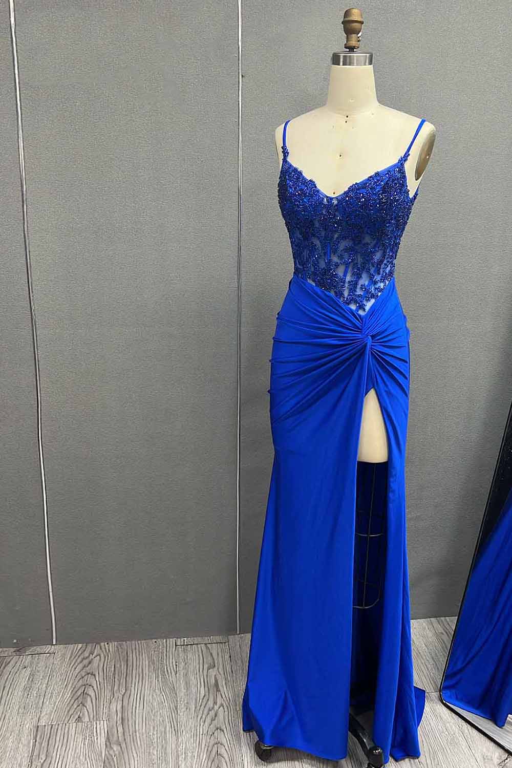 Long Mermaid Satin Corset Prom Dress with Dark Green Spaghetti Straps and Appliques