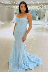 Long Corset Prom Dress with Sparkly Pink Spaghetti Straps and Mermaid Sequins