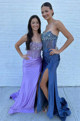 Blue Beaded Satin Mermaid Corset Prom Dress with Glitter and Slit Strapless Long