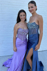 Blue Beaded Satin Mermaid Corset Prom Dress with Glitter and Slit Strapless Long