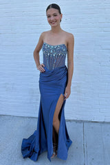 Long Beaded Corset Prom Dress in Dusty Blue Mermaid Satin with Sparkly Slit