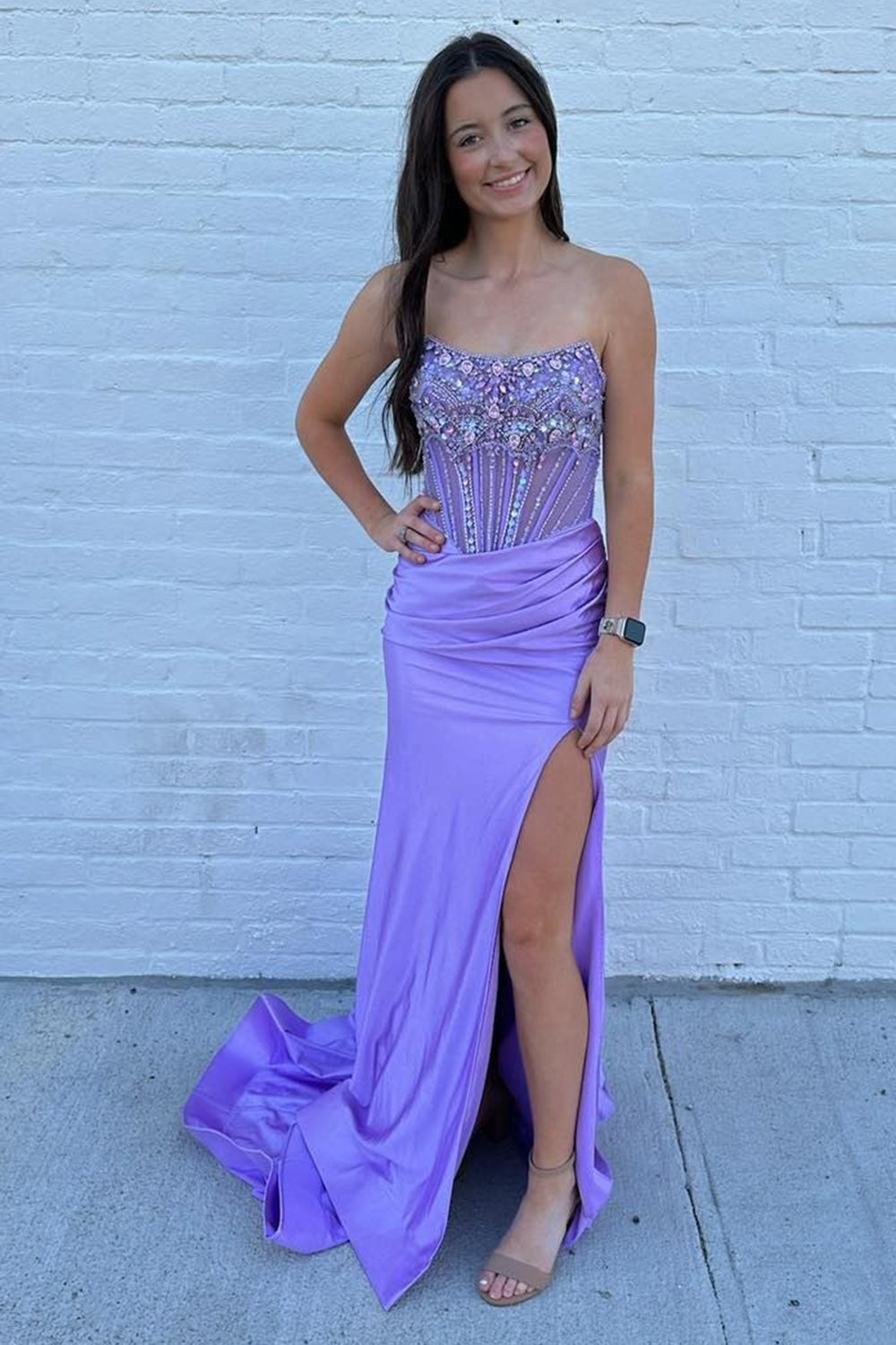 Blue Beaded Satin Mermaid Corset Prom Dress with Glitter and Slit Strapless Long