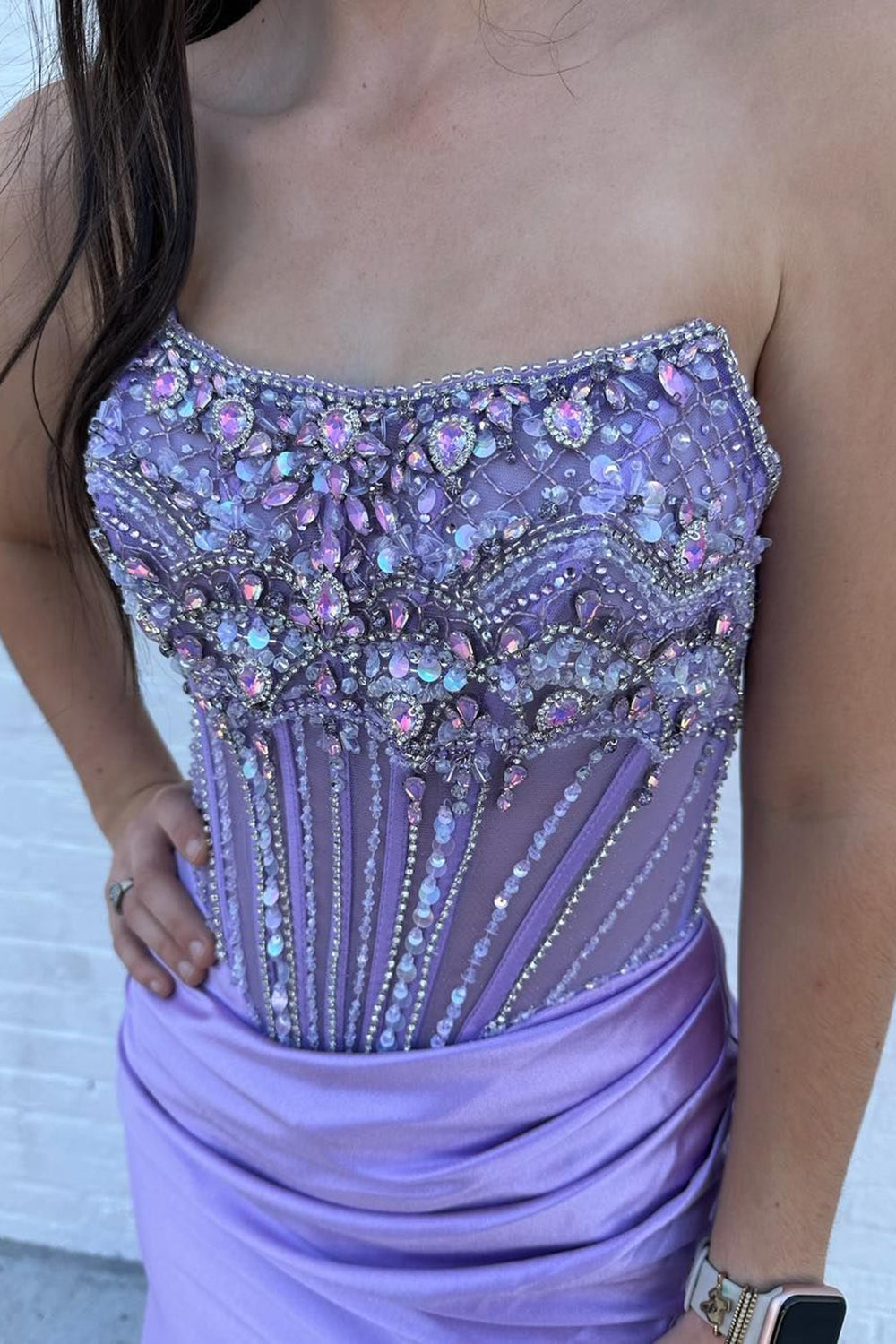 Long Beaded Corset Prom Dress in Dusty Blue Mermaid Satin with Sparkly Slit
