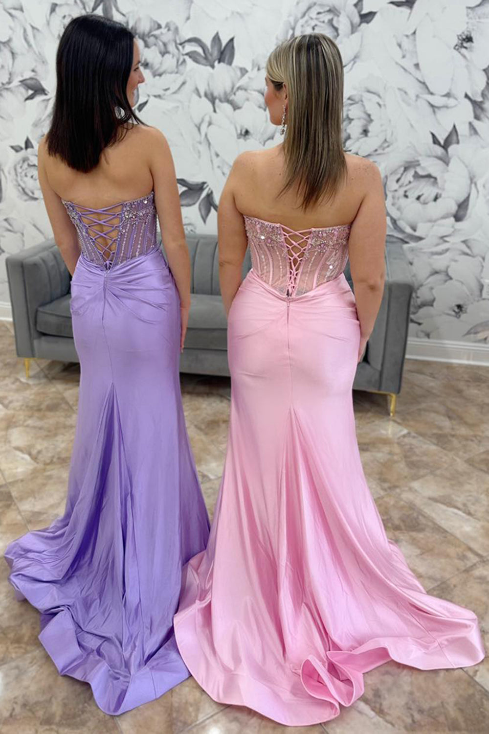 Blue Beaded Satin Mermaid Corset Prom Dress with Glitter and Slit Strapless Long