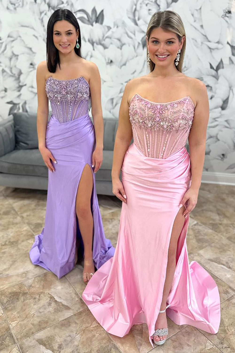 Blue Beaded Satin Mermaid Corset Prom Dress with Glitter and Slit Strapless Long
