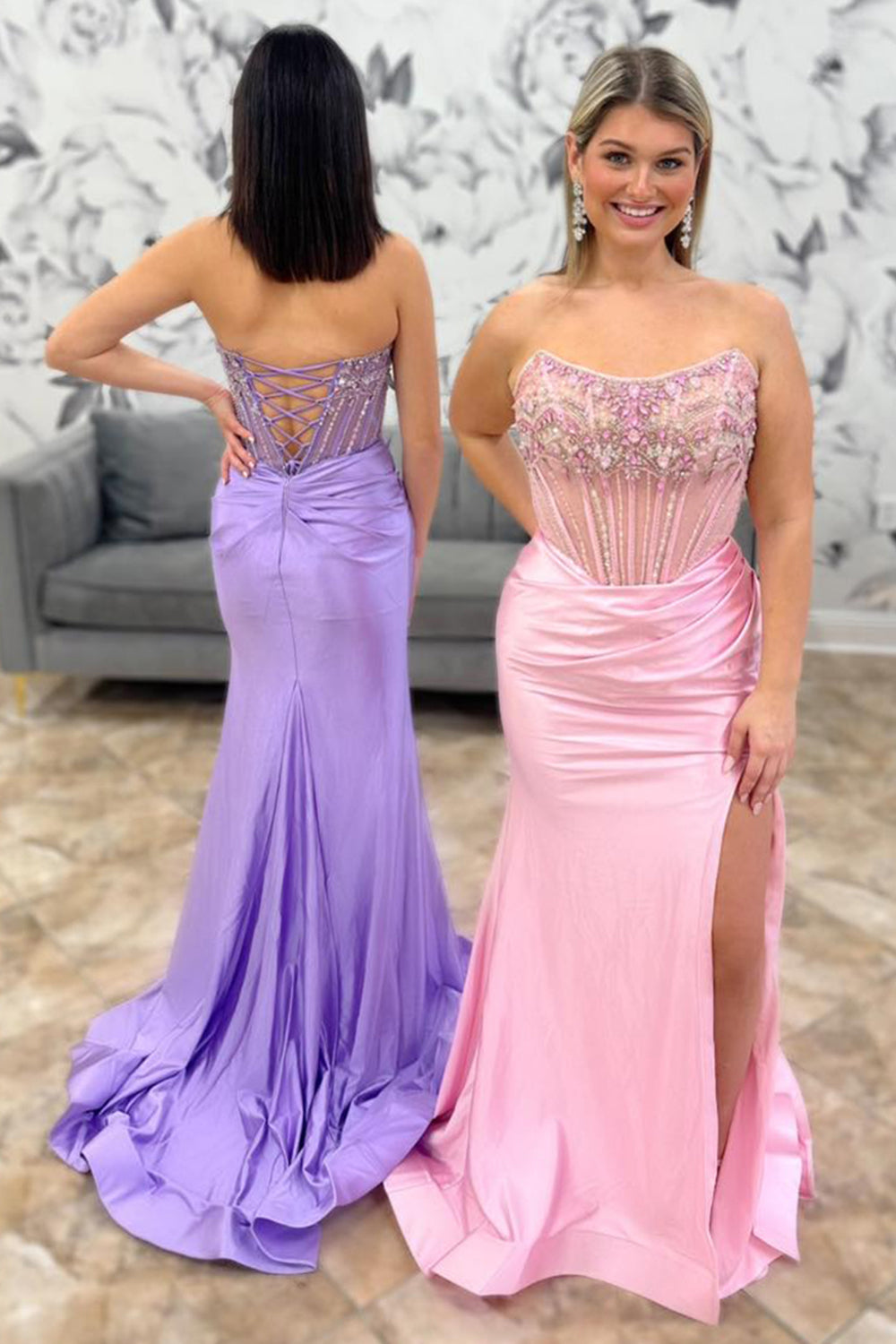 Blue Beaded Satin Mermaid Corset Prom Dress with Glitter and Slit Strapless Long