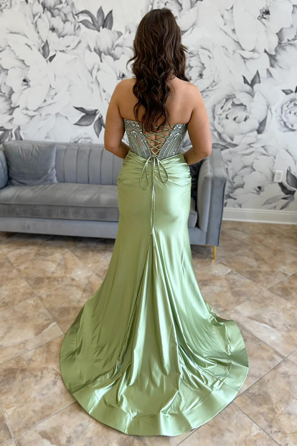 Long Beaded Corset Prom Dress in Dusty Blue Mermaid Satin with Sparkly Slit