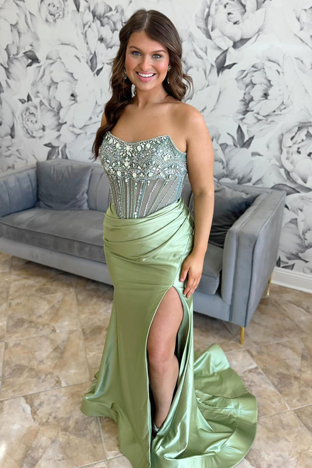 Blue Beaded Satin Mermaid Corset Prom Dress with Glitter and Slit Strapless Long