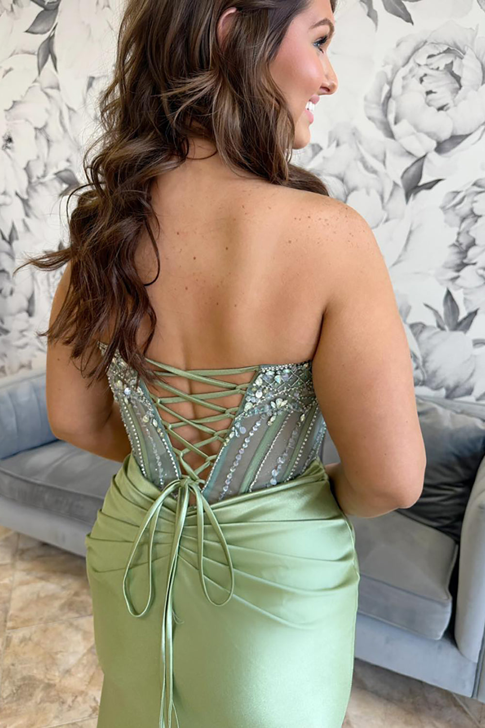 Blue Beaded Satin Mermaid Corset Prom Dress with Glitter and Slit Strapless Long