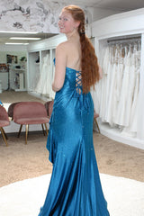 Long Strapless Dark Blue Beaded Prom Corset Dress with Sparkly Slit