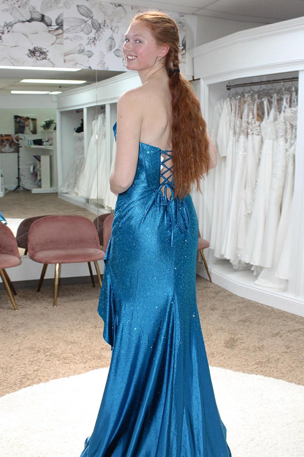 Long Beaded Orange Mermaid Prom Dress with Sparkly Ruffles and Strapless Corset