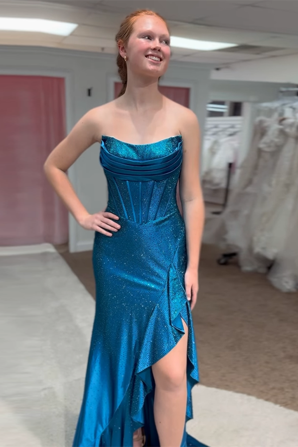 Long Beaded Fucsia Prom Dress with Sparkly Strapless Corset and Slit