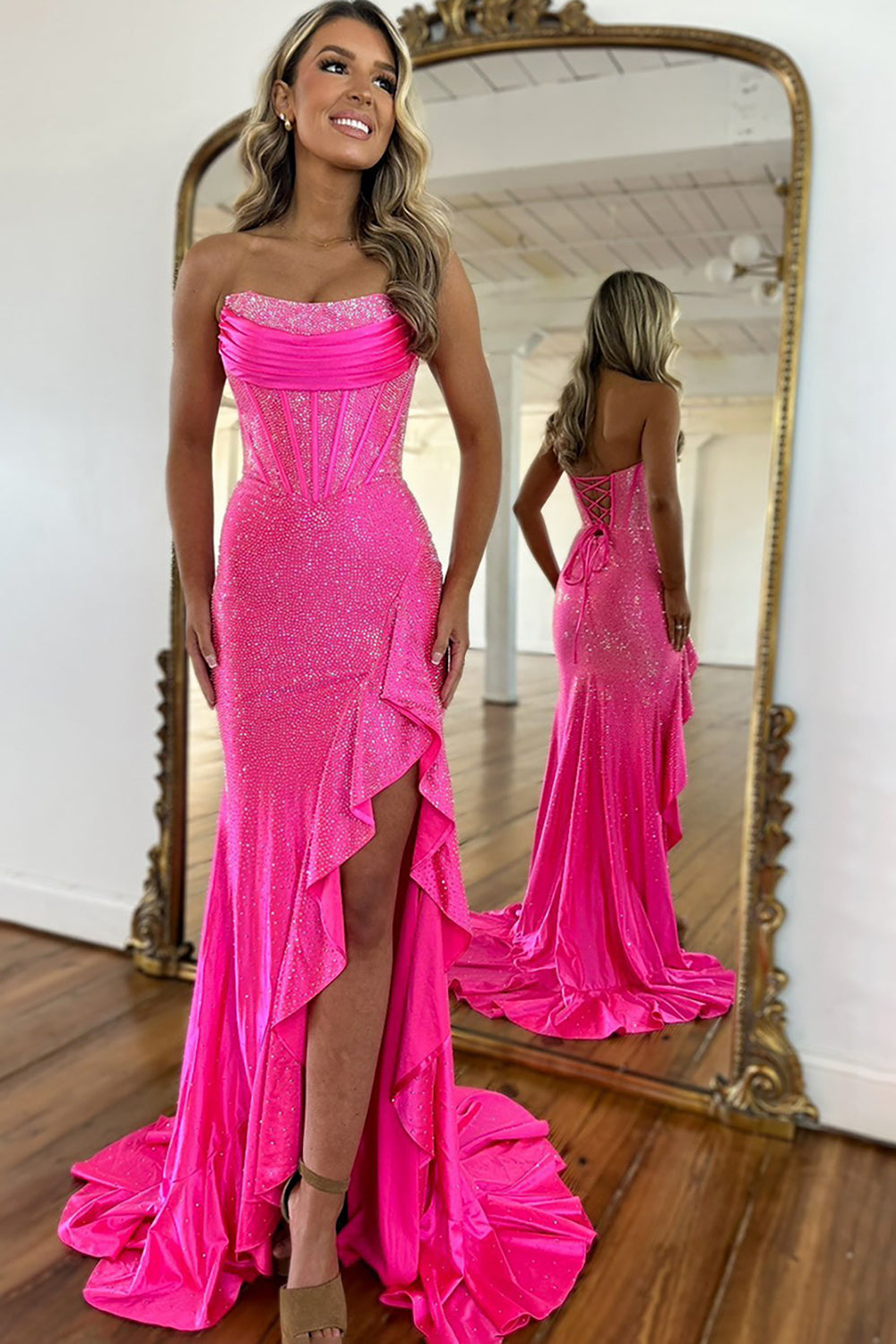 Long Beaded Orange Mermaid Prom Dress with Sparkly Ruffles and Strapless Corset