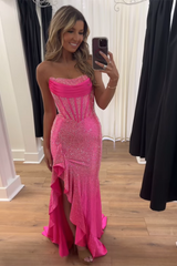 Long Beaded Strapless Prom Dress in Sparkly Fuchsia with Slit