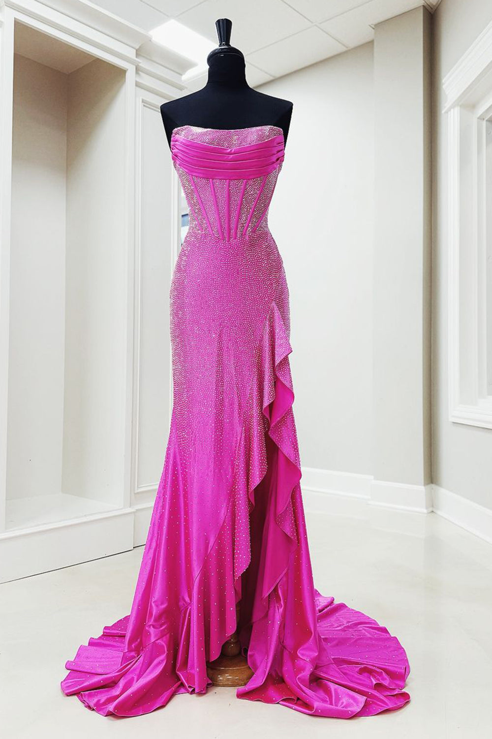Long Beaded Strapless Prom Dress in Sparkly Fuchsia with Slit