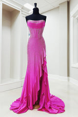 Long Beaded Fucsia Prom Dress with Sparkly Strapless Corset and Slit