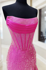 Long Beaded Strapless Prom Dress in Sparkly Fuchsia with Slit