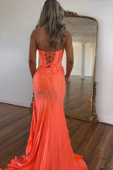Long Beaded Orange Mermaid Prom Dress with Sparkly Ruffles and Strapless Corset