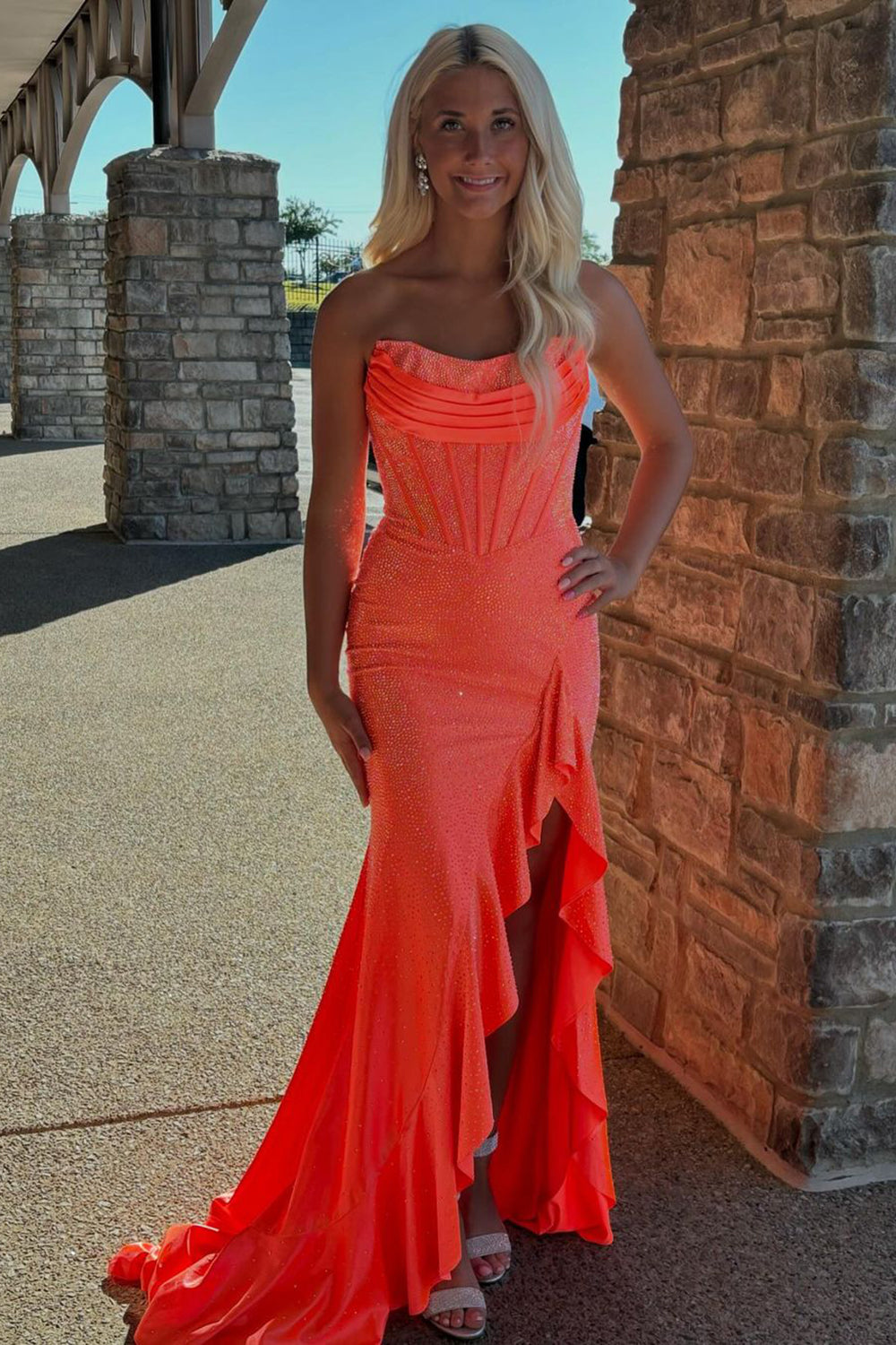 Long Beaded Fucsia Prom Dress with Sparkly Strapless Corset and Slit