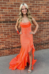 Orange Glitter Mermaid Corset Prom Dress with Beaded Ruffles Strapless Long