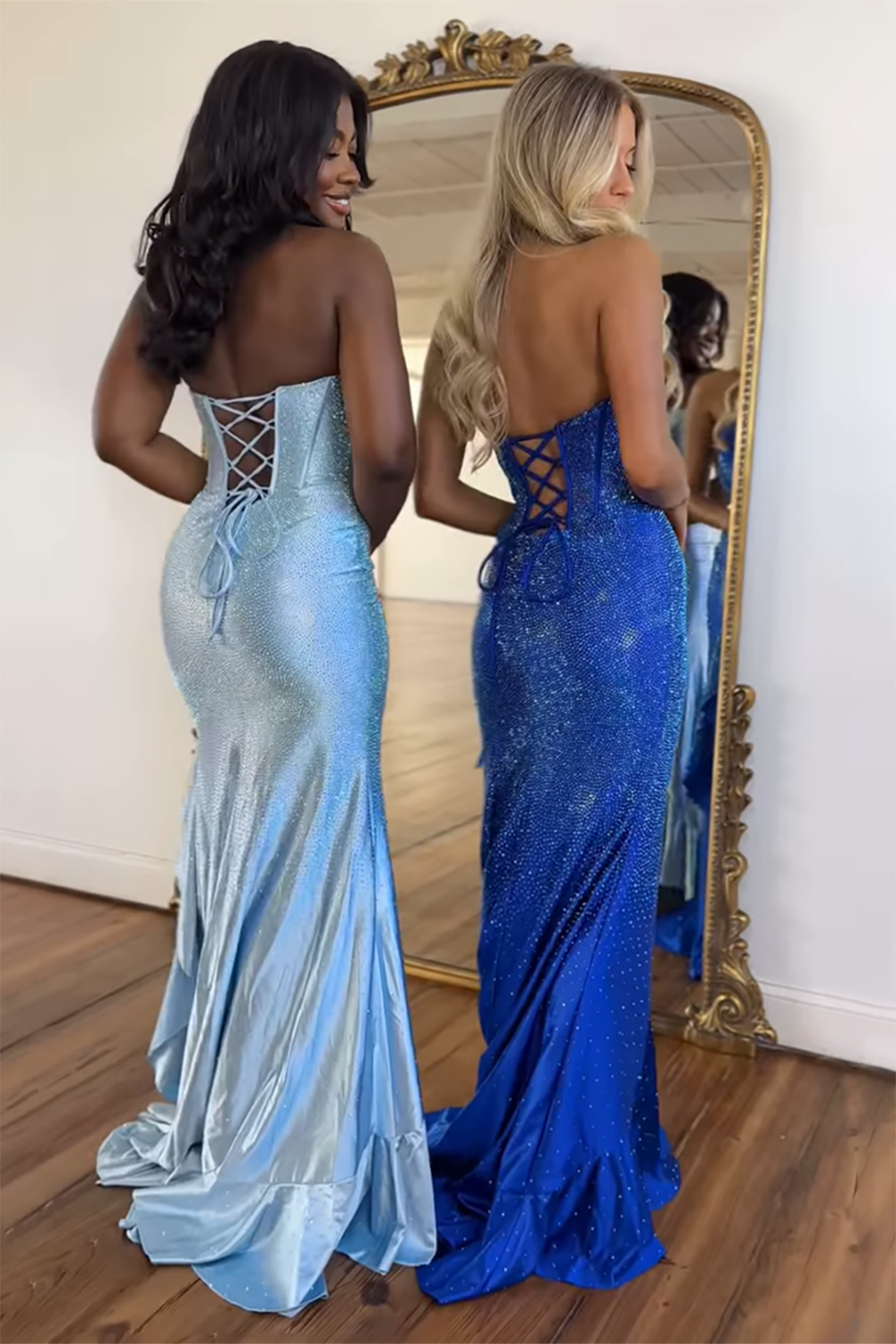 Long Beaded Fucsia Prom Dress with Sparkly Strapless Corset and Slit