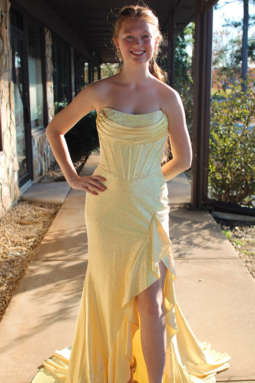 Long Strapless Dark Blue Beaded Prom Corset Dress with Sparkly Slit