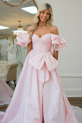 Long Prom Dress with Light Pink Ruffles Puff Sleeves and a Princess Bow