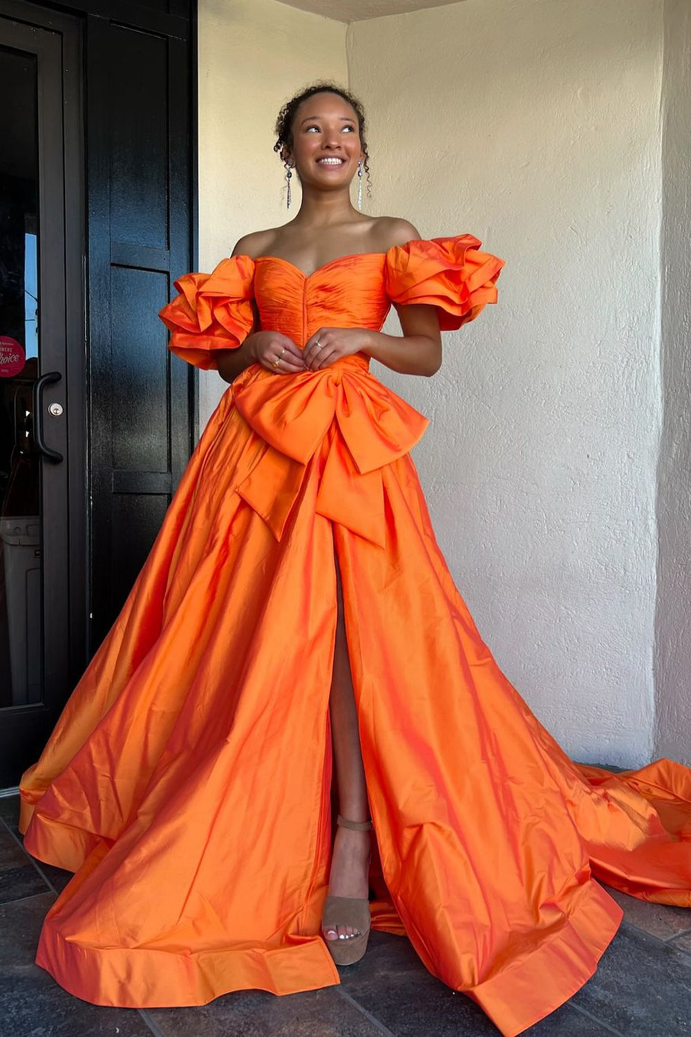 Long Prom Dress with Light Pink Ruffles Puff Sleeves and a Princess Bow